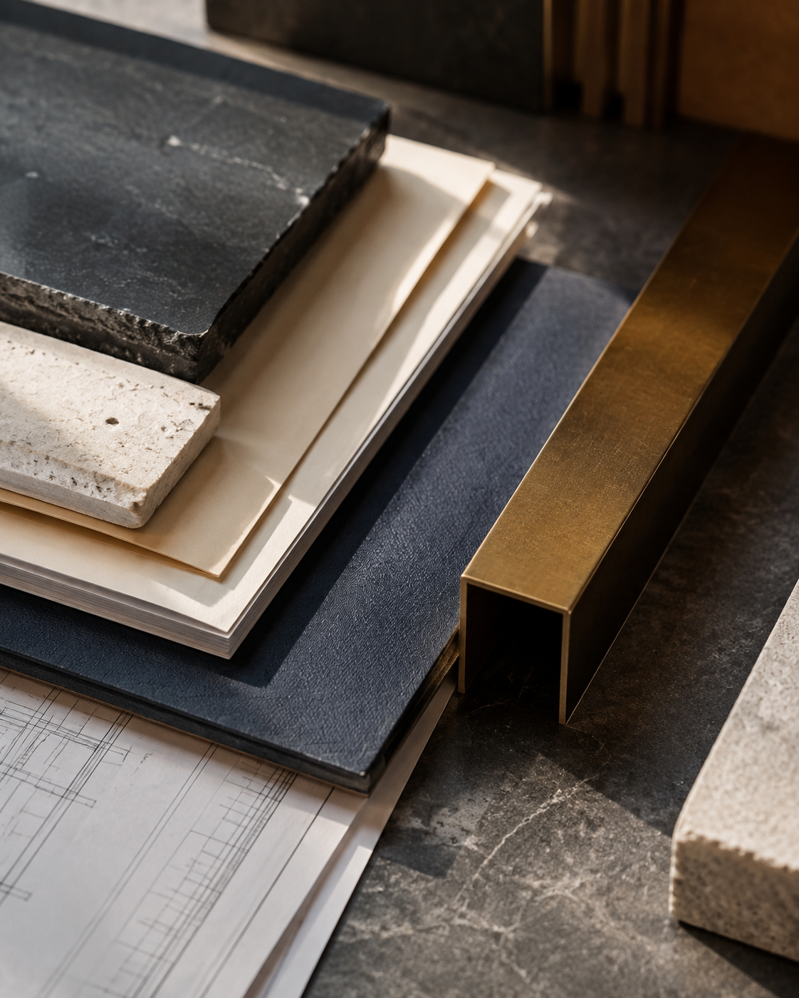 Construction material samples and architectural plans in the Benson Brands color palette.